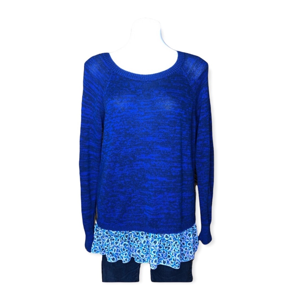 AEO Heathered Layered Pullover Sweater Floral Ruffle Bottom Blue Medium